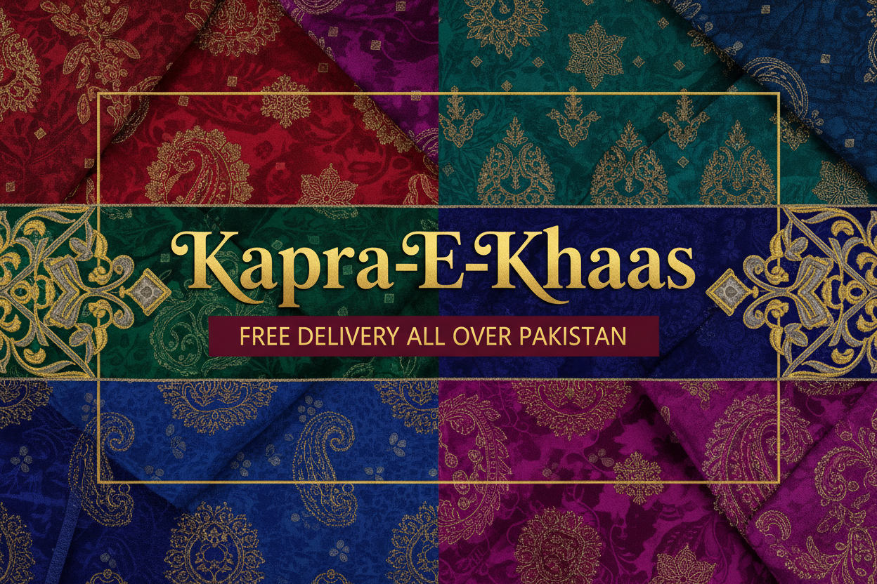 create banner image for this portion and advertise my shop "Kapra-E-Khaas" offering free drlivery all over The Pakistan