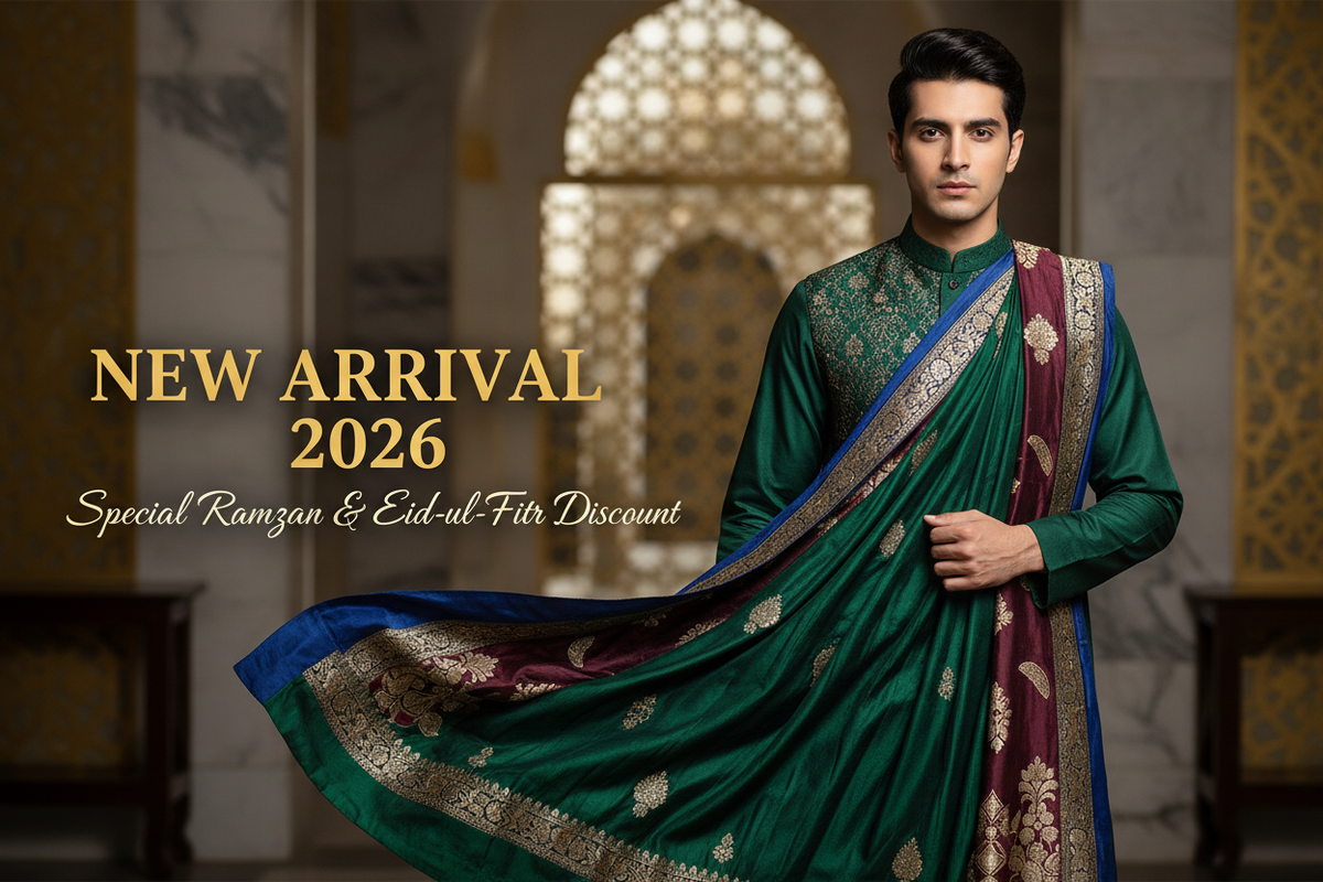 create hero image for my store Pakistani face male model advertise unstiched clothes for men new arrival 2026 special discount for Ramzan & Eid-ul-Fitr 2026