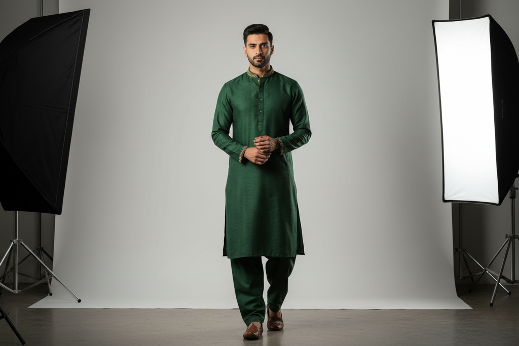 Create image of a Pakistani male model in kameez shalwar