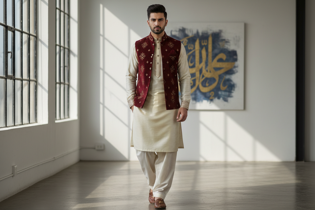 Create image of pakistani male model in Pakistani Kameez Shalwar 